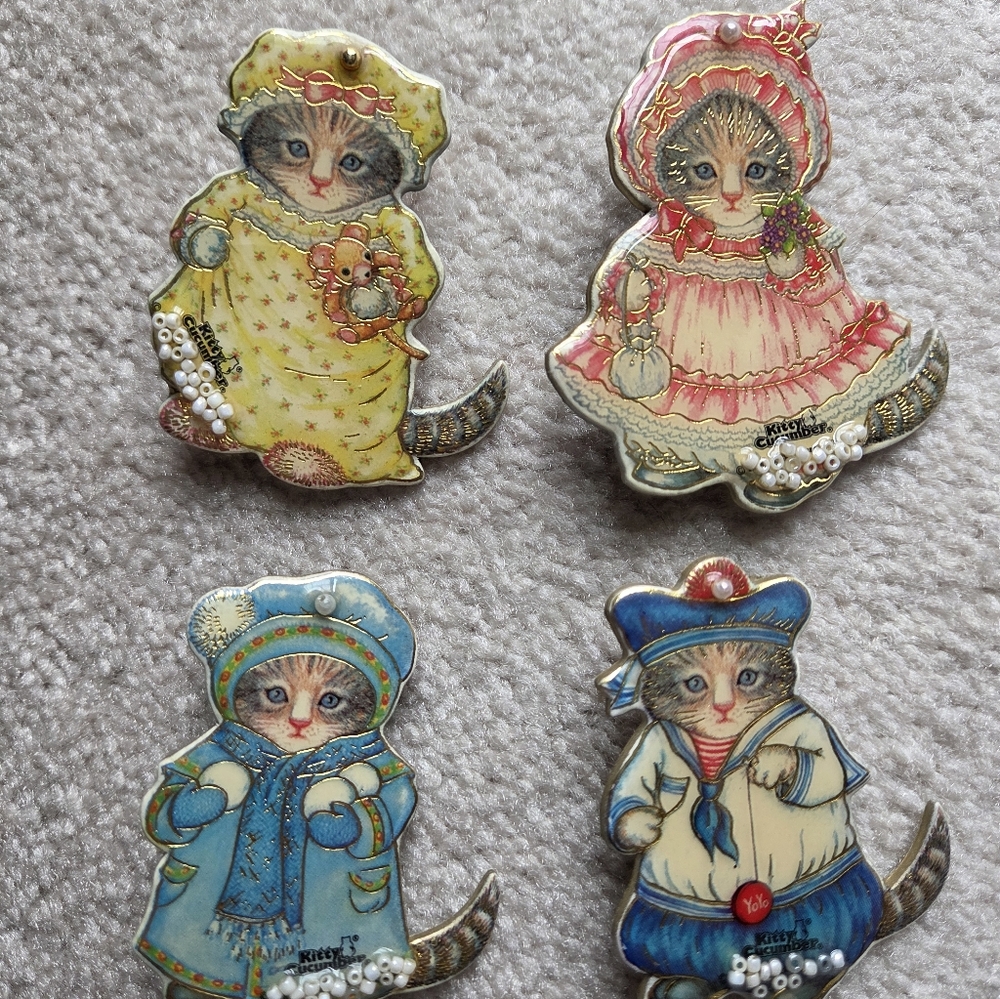 Set Of 4 KITTY CUCUMBER Pins Brooches Yellow Pink Blue